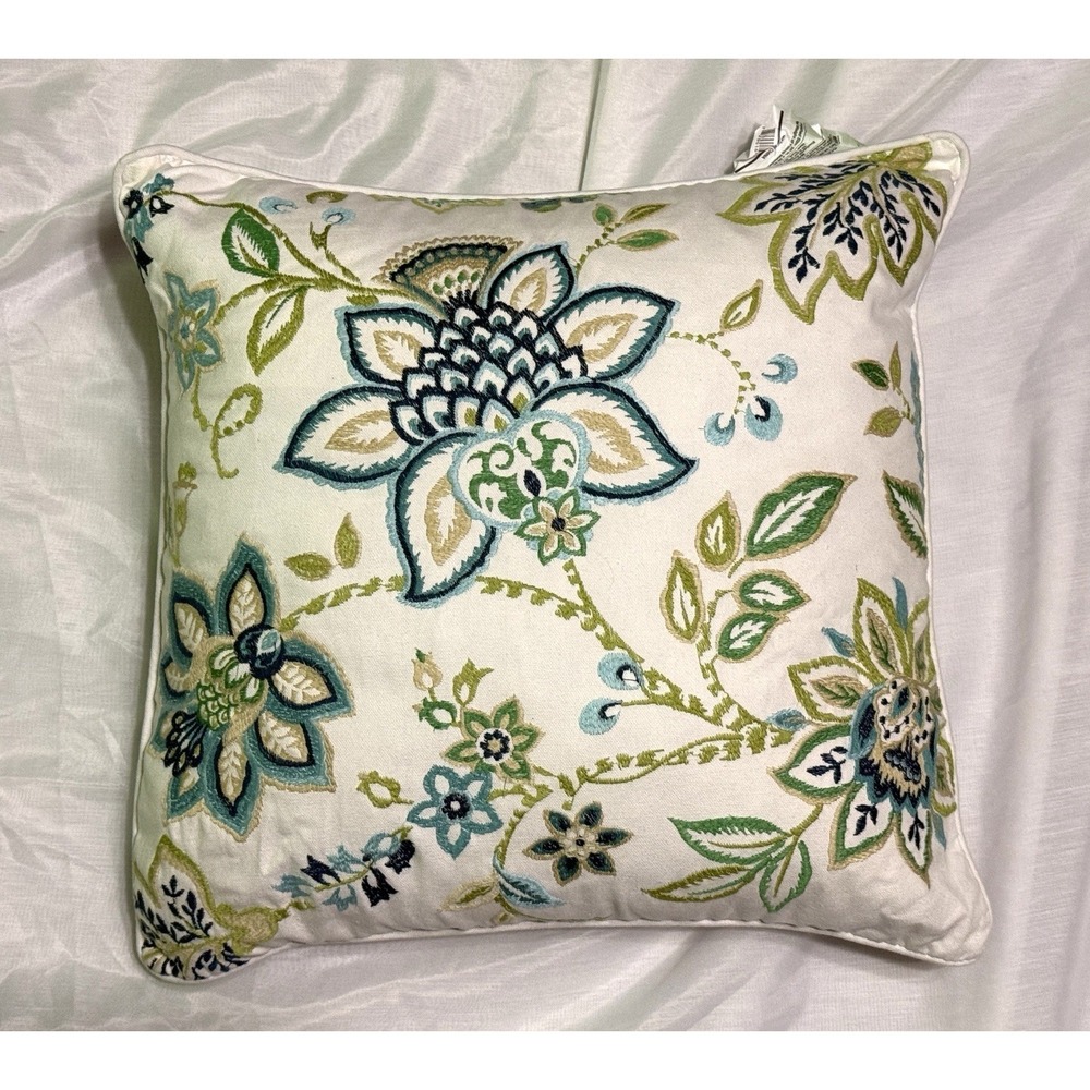 Jacobean Embroidered Floral Throw Pillow~Zip Close Cover+ Feather Insert~18"x18"